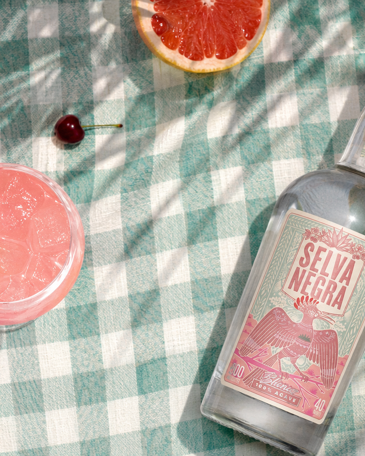 SELVA NEGRA BLANCO AUF PICKNICKDECKE MIT PALOMA UND DEKO GRAPEFRUIT SALZ KIRSCHEN